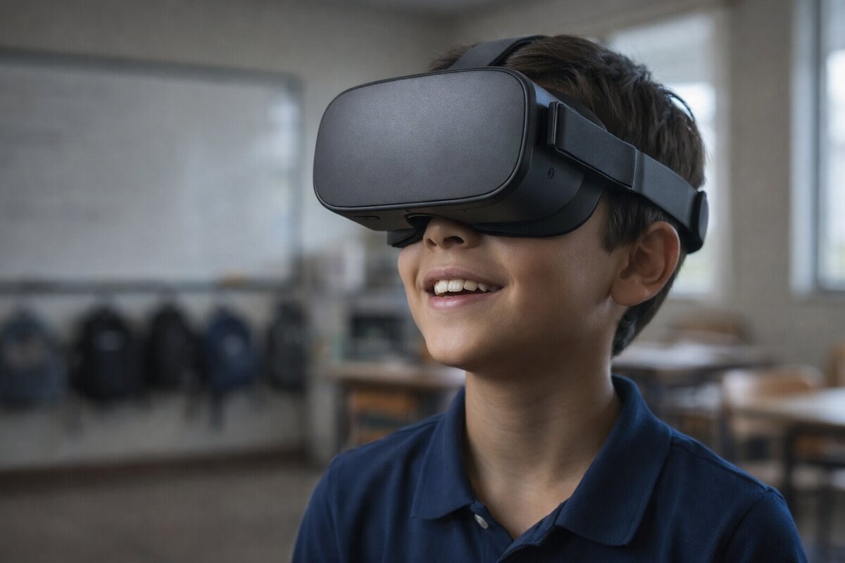 Aluno com óculos de realidade virtual explorando o oceano